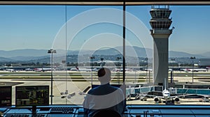 A bustling control tower overlooks the runway as air traffic controllers direct planes in and out of the airport photo