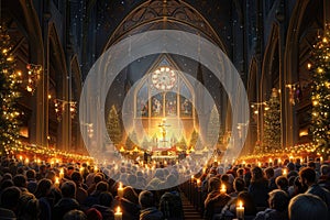 A bustling crowd of devotees gather inside a grand cathedral for a religious ceremony, A grand Christmas church scene with people
