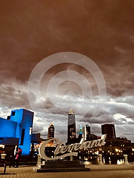 The famed Cleveland Sign over Downtown Cleveland & the Rock n` Roll Hall of Fame - OHIO - CLEVELAND photo