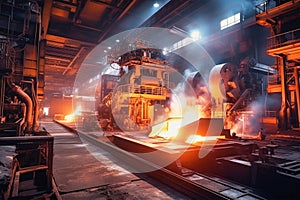 A bustling factory filled with stacks of gleaming steel, workers moving heavy machinery, and sparks flying as molten metal is