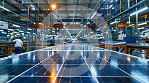 A bustling factory floor shows workers using stateoftheart machinery to massproduce solar panels. The air is filled with