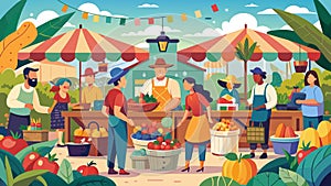 Bustling Farmers Market Scene with Fresh Produce and Happy Shoppers photo