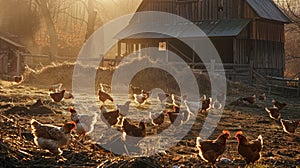 A bustling farmyard scene with hens pecking at the ground, a rustic barn in the background