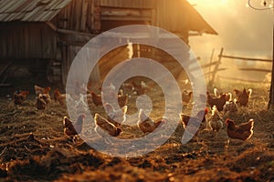 A bustling farmyard scene with hens pecking at the ground, a rustic barn in the background