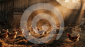 A bustling farmyard scene with hens pecking at the ground, a rustic barn in the background