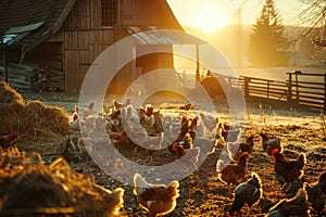 A bustling farmyard scene with hens pecking at the ground, a rustic barn in the background