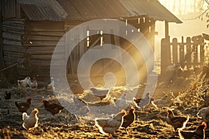 A bustling farmyard scene with hens pecking at the ground, a rustic barn in the background