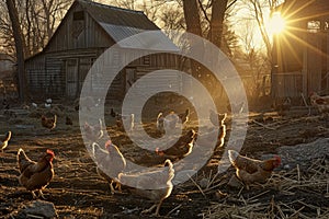 A bustling farmyard scene with hens pecking at the ground, a rustic barn in the background