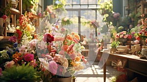 Bustling florist shop filled with a kaleidoscope of fresh flowers, plants, and vibrant arrangements. The scene captures the