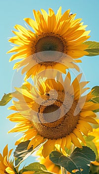 Bustling flower fields colorful blooms with bees and butterflies, sunflowers, poppies, and daisies