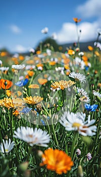 Bustling flower fields with sunflowers, poppies, daisies, bees, and butterflies in vibrant bloom