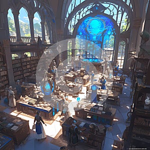 Bustling Gothic Library, Vividly Imagined
