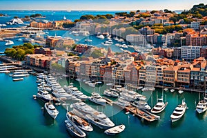 A bustling harbor with a variety of boats and ships docked,