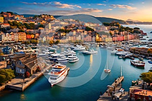 A bustling harbor with a variety of boats and ships docked,