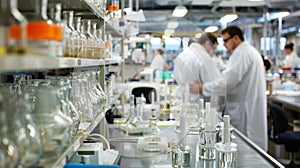 A bustling laboratory filled with scientists dressed in white coats carefully studying and experimenting with different