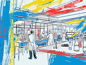 A bustling laboratory where research teams engage in scientific collaboration, showcasing teamwork in every experiment