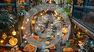 Bustling market displays a colorful array of assorted fruits and vegetables, creating a lively and wholesome atmosphere