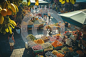 A bustling market scene with a wide variety of fresh and colorful fruits and vegetables on display, A bustl