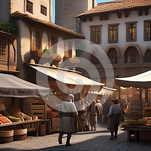 A bustling market square in a medieval town, with vendors selling goods and townspeople going about their day4 photo