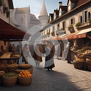 A bustling market square in a medieval town, with vendors selling goods and townspeople going about their day5 photo