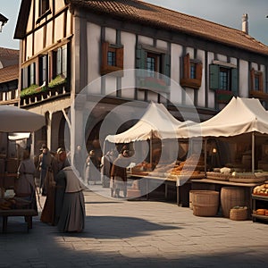 A bustling market square in a medieval town, with vendors selling goods and townspeople going about their day3 photo