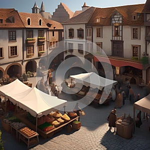 A bustling market square in a medieval town, with vendors selling goods and townspeople going about their day1
