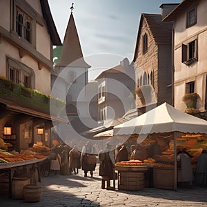 A bustling market square in a medieval town, with vendors selling goods and townspeople going about their day1