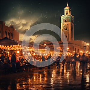 Bustling marketplace in Casablanca with vibrant colors, traditional Moroccan architecture, and locals in traditional