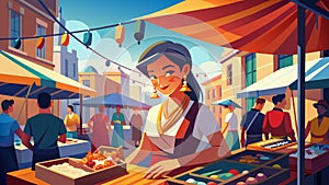 Bustling Marketplace Scene with Cheerful Vendor Illustration photo