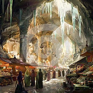 A bustling marketplace scene within a crystal cave, merchants displaying vibrant wares under the soft light refracted by countless