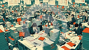 A bustling office scene with accountants and taxpayers filling out tax forms, surrounded by stacks of paperwork and