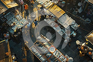 Bustling Outdoor Market Scene at Golden Hour with Vendors and Shoppers photo