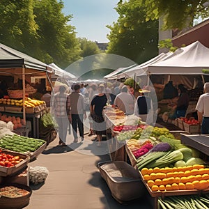 A bustling outdoor market with vendors selling fresh produce, flowers, and handmade goods4