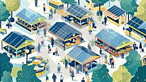 A bustling outdoor marketplace teeming with vendors selling goods and services all powered by portable solar panels that