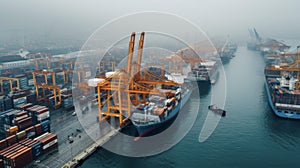 A bustling port filled with cranes and cargo ships representing the impact of containerization on employment