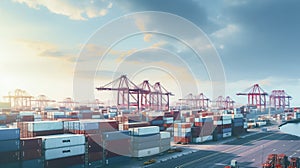 A bustling port with numerous shipping containers, large cranes, under a partly cloudy sky during sunrise or sunset, ai generative