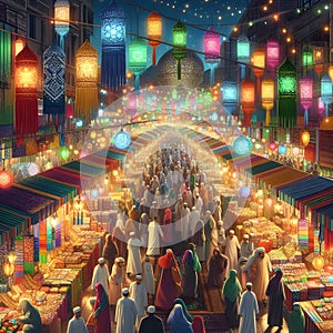 A bustling Ramadan night market scene with vibrant stalls selling colorful fabrics, sweets, and lanterns. Happy ramadan