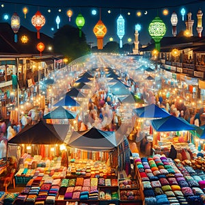 A bustling Ramadan night market scene with vibrant stalls selling colorful fabrics, sweets, and lanterns. Happy ramadan