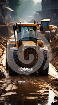 Bustling road construction site features an array of powerful heavy equipment in operation.