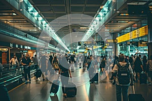 A bustling scene in an airport terminal as a significant number of people walk through, A crowded airport terminal filled with