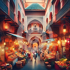 Bustling souks and exotic aromas of Marakech, Marocco, vibrant colors, market, labyrinthine alleways, tradition, ornate palaces photo