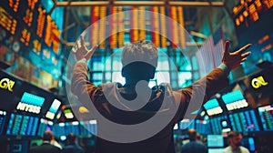 A bustling stock exchange floor during peak trading hours, traders gesturing wildly with digital stock tickers flashing in the