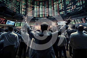 Bustling stock exchange trading floor. Generative AI