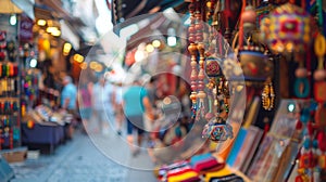 A bustling street market filled with colorful stalls and vendors selling exotic es handcrafted trinkets and unique photo