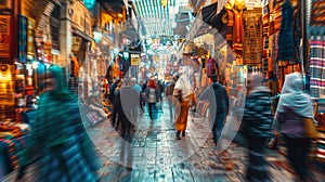 The bustling streets of a marketplace blurred to reveal glimpses of colorful clothing intricate patterns and lively