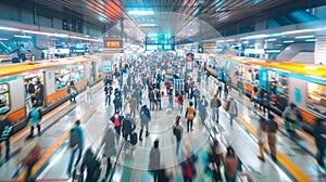 A bustling train station with people rushing to catch their trains for holiday travels during the busy Golden Week