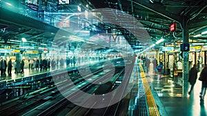 A bustling train station platform filled with a large number of people waiting for their trains, Illustrate network attached