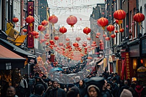 A bustling urban scene with a large number of individuals navigating a congested city street, A bustling Chinatown during Chinese