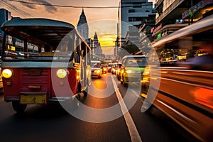 A bustling urban street filled with an abundance of vehicles moving through heavy traffic, Tuk tuks weaving through traffic in