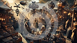 Bustling Vintage Steampunk Market with Ornate Mechanical Displays